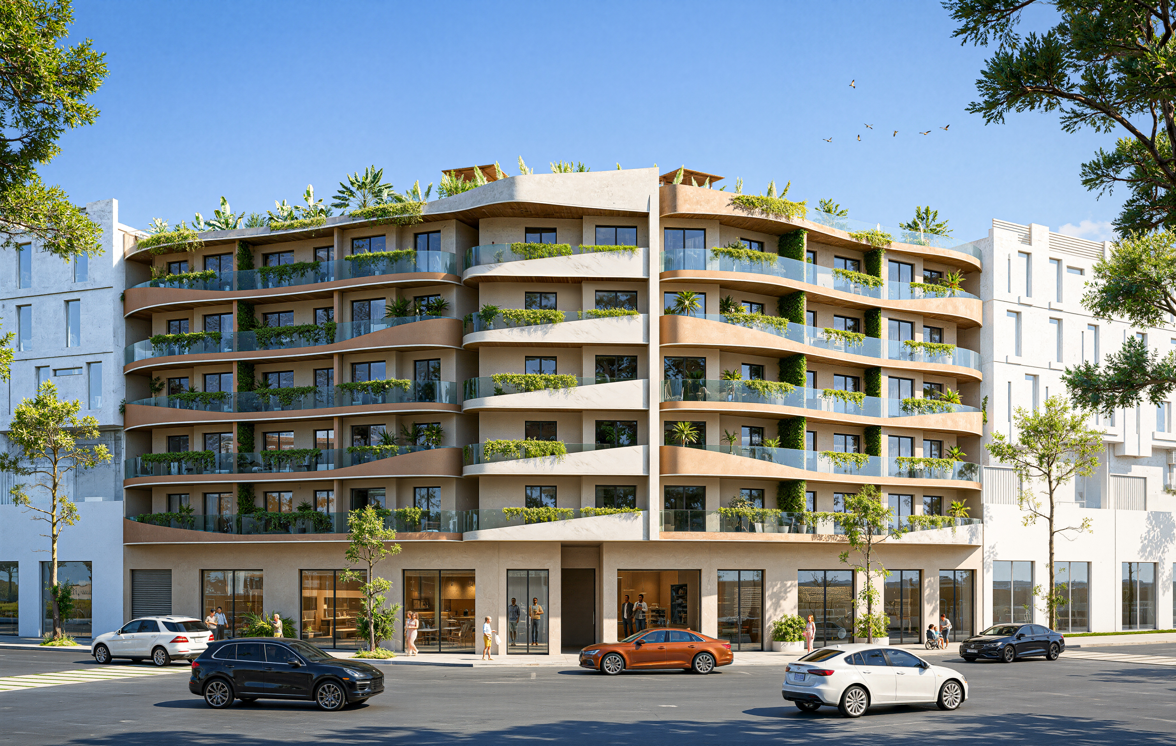 Résidence Da Vinci, façade avec architecture aux balcons courbes et arrondis, végétation luxuriante sur chaque étage, tons beige et terreux, scène de rue urbaine